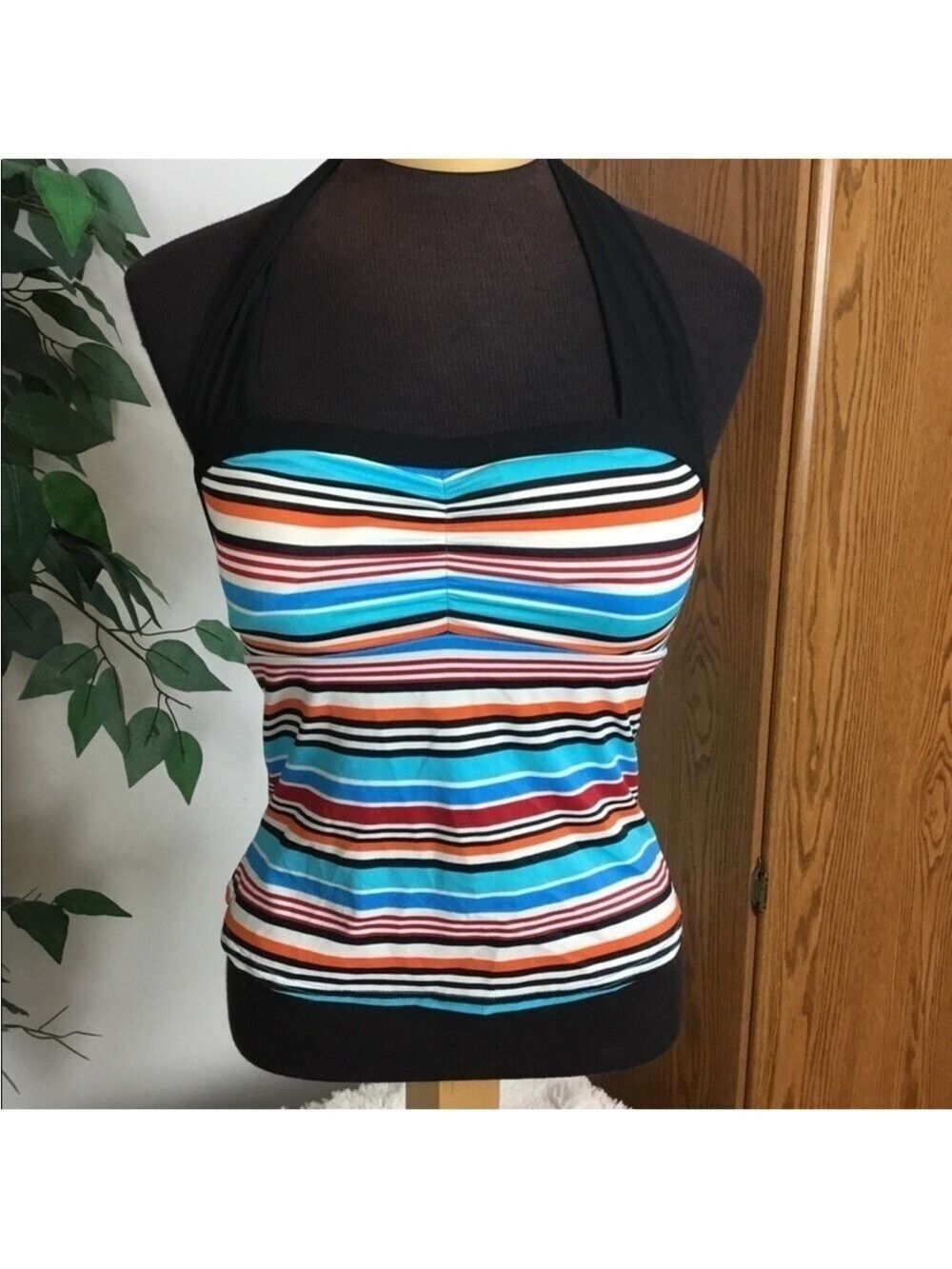 Baltex striped halter tankini Woman’s size 10 back of neck tie multicolor